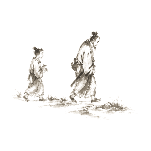 Sumi-e ink brushwork of a stooped adult walking on a country road with a small bag over one shoulder, a young figure following