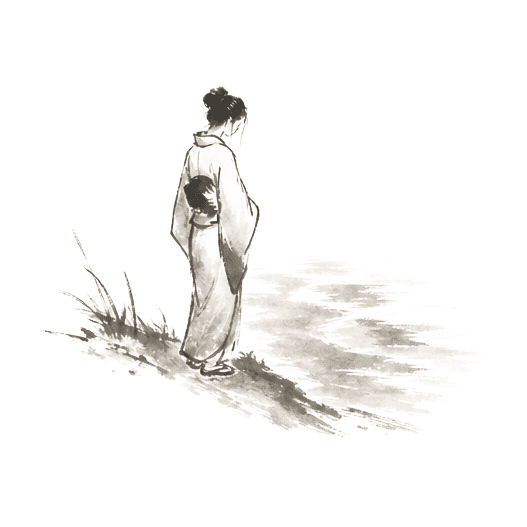Sumi-e ink brushwork of a young woman in a simple kimono-like robe standing at the edge of shallow water, hesitating