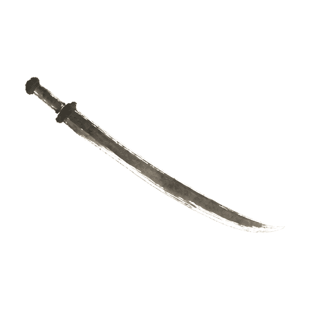 Sumi-e ink brushwork of a single long curved blade alone in empty space, edge gleaming