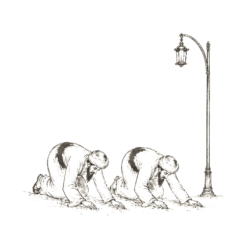 Sumi-e ink brushwork of two robed figures on their hands and knees beneath a streetlamp, both searching the ground
