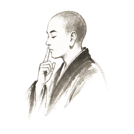Sumi-e ink brushwork of a calm-faced monk in monastic robes with finger to his lips, neutral and impassive