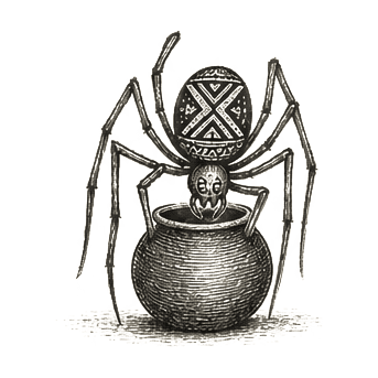 Sumi-e ink brushwork of a spider figure with a round clay pot under the spider’s body