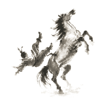 Sumi-e ink brushwork of a figure mid-fall from a rearing horse