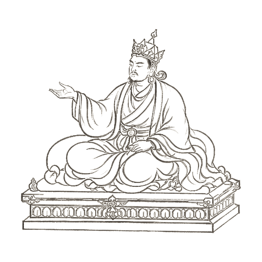 Sumi-e ink brushwork of an enthroned king in flowing robes seated on a low dais, gesturing with one hand toward unseen attendants
