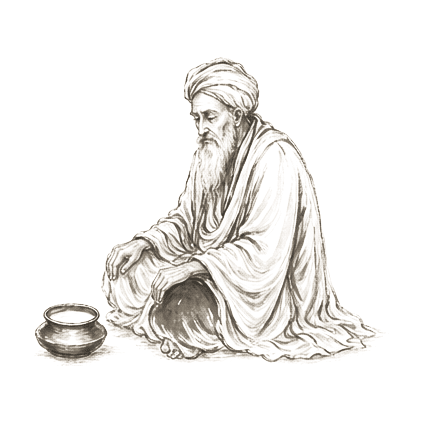 Sumi-e ink brushwork of a robed teacher seated before a small vessel of liquid, contemplative, alone in empty space