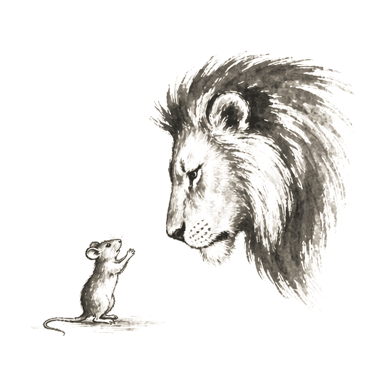 Sumi-e ink brushwork of a small mouse standing on hind legs, paws raised in supplication, before the great face of a lion