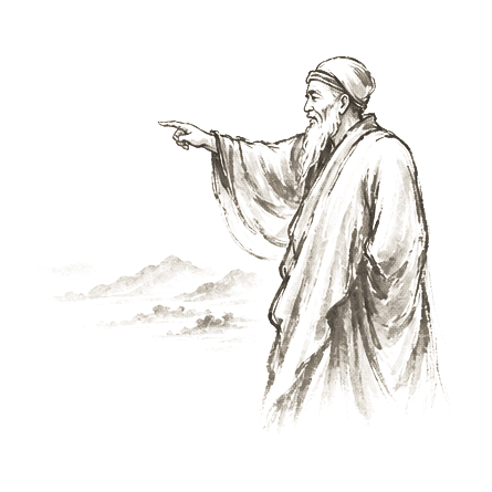 Sumi-e ink brushwork of an old bearded man with one hand pointing toward a distant horizon, kindly expression