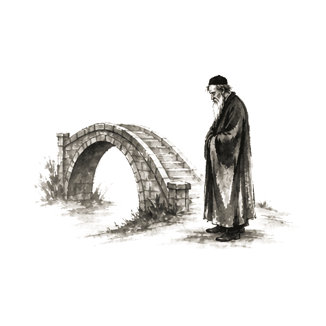 Sumi-e ink brushwork of a single robed figure standing at the foot of a small arched stone bridge, alone in empty space