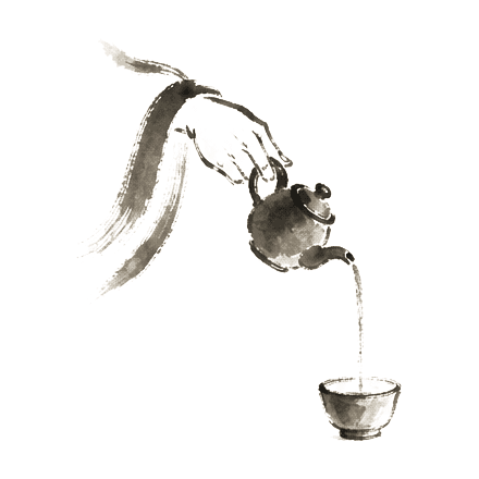 Sumi-e ink brushwork of a hand tilting a small teapot, tea streaming downward into a small cup below