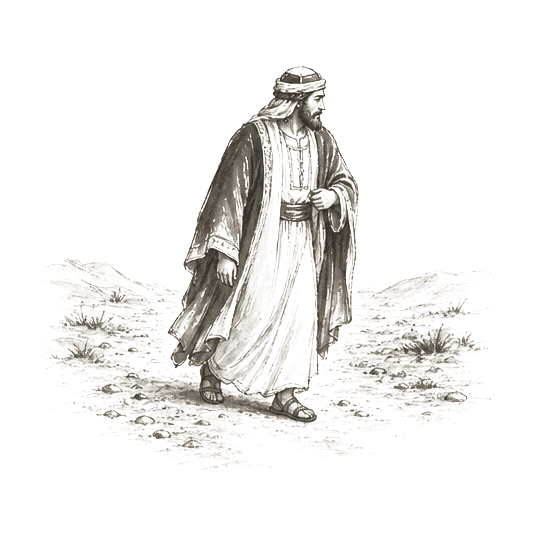 Sumi-e ink brushwork of a single robed priest walking on a path with head turned slightly aside, alone in empty space