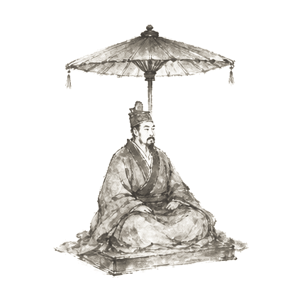 Sumi-e ink brushwork of a regal seated figure beneath a parasol