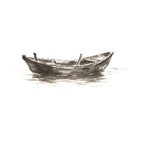 Sumi-e ink brushwork of a small wooden boat sitting low in the water, simple rough strokes, no figures