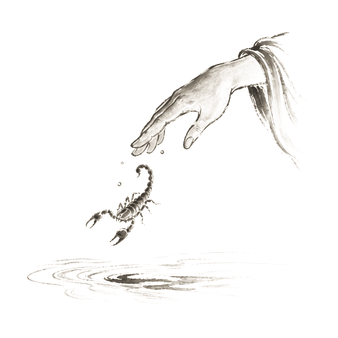 Sumi-e ink brushwork of a hand reaching toward a small scorpion falling back toward water, droplets in the air