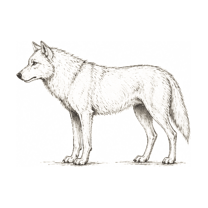Sumi-e ink brushwork of a single wolf rendered in lighter softer strokes, standing in profile, alone in empty space