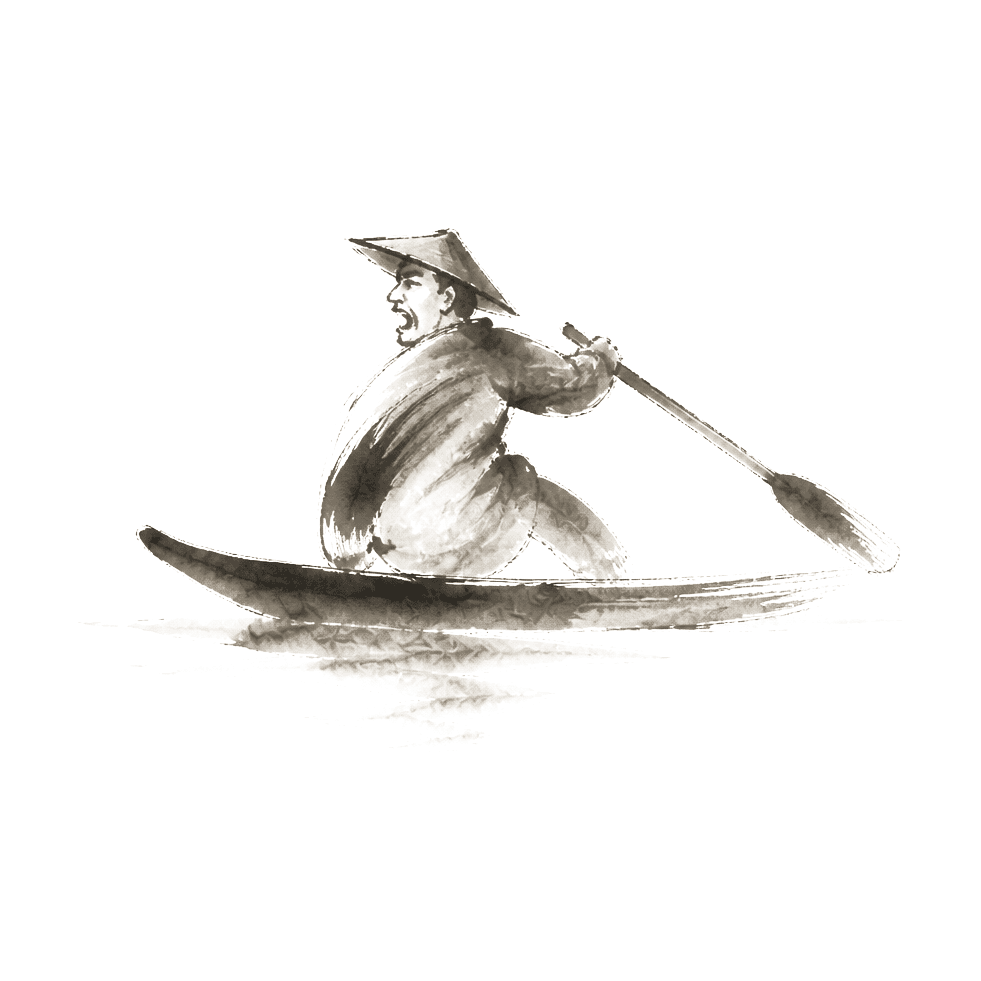 Sumi-e ink brushwork of the lone rower in his small slim sampan turning sharply over his shoulder, conical hat askew, oar lifted off the water mid-stroke
