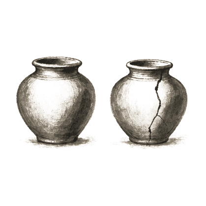 Sumi-e ink brushwork of two clay pots set side by side on the ground, one whole and one with a visible crack, alone in empty space