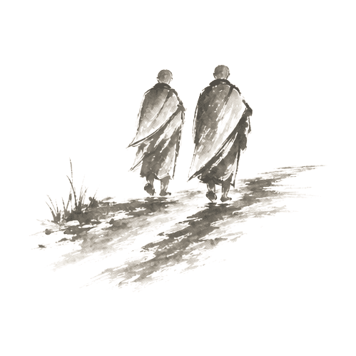 Sumi-e ink brushwork of the two monks walking side by side along a muddy road, the rain easing