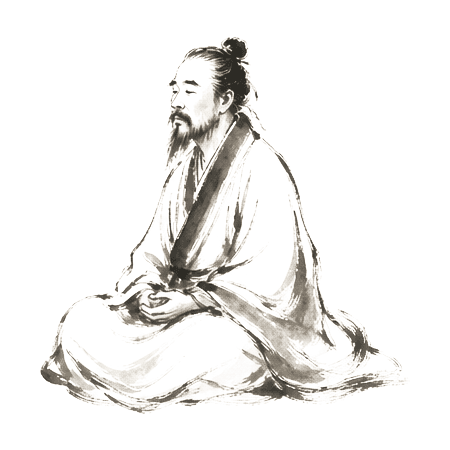 Sumi-e ink brushwork of a single seated scholar in plain robes, hands clasped in his lap, alone and present