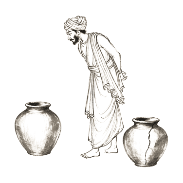 Sumi-e ink brushwork of a robed bearer beside two pots, head inclined as if listening to one, alone in empty space