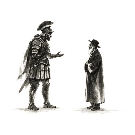 Sumi-e ink brushwork of an armored soldier and a small robed rabbi facing each other, the soldier gesturing in question, alone in empty space