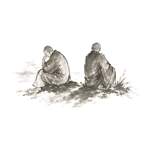 Sumi-e ink brushwork of the two monks resting in evening light, one pensive, the other calm