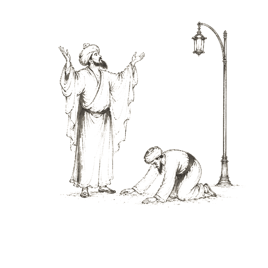 Sumi-e ink brushwork of a standing robed figure with arms raised, his kneeling companion still searching the ground beside a streetlamp