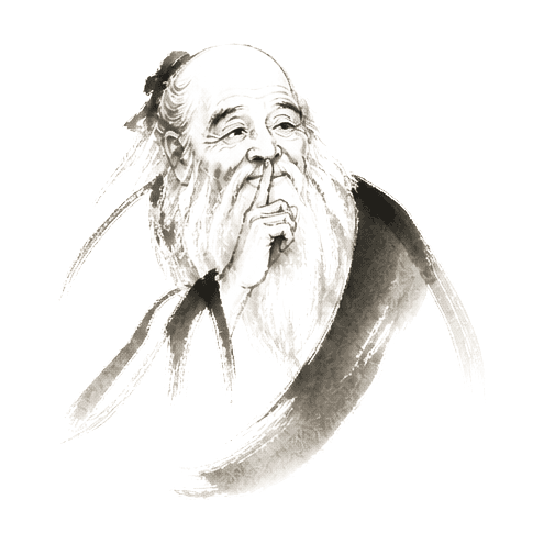 Sumi-e ink brushwork of an old Lao Tzu sage with long beard, finger to his lips, eyes calm in recognition