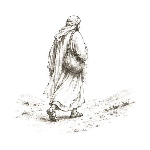 Sumi-e ink brushwork of a single robed traveler walking with back turned slightly away, alone in empty space