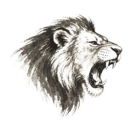 Sumi-e ink brushwork of a lion’s head with mouth open, sharp teeth visible, alone in empty space