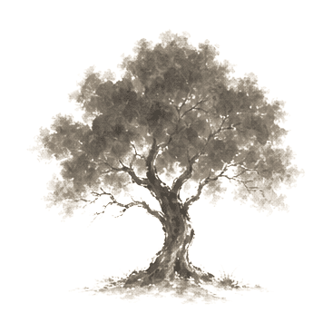 Sumi-e ink brushwork of a single broad tree with soft edges