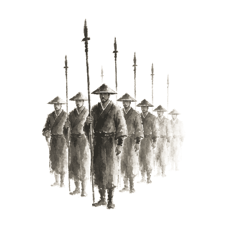 Sumi-e ink brushwork of a column of military officials with conical hats and tall spears