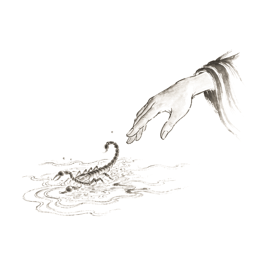 Sumi-e ink brushwork of a hand reaching into rippling water toward a small struggling scorpion