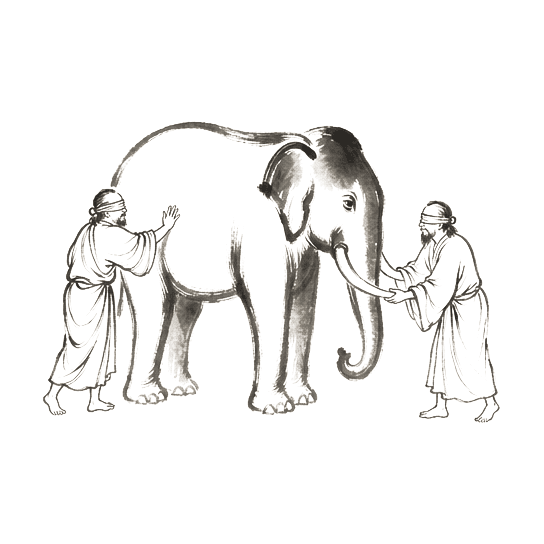 Sumi-e ink brushwork of two blind men in robes — one with palm flat against an elephant’s broad flank, the other gripping a curved tusk