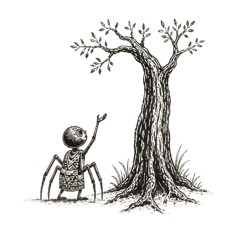 Sumi-e ink brushwork of a small child standing at the base of a great tree, looking up