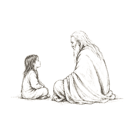 Sumi-e ink brushwork of a small child looking up at an old robed figure, both seated, alone in empty space