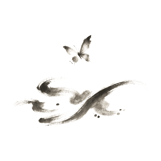 Sumi-e ink brushwork of a small butterfly hovering above a few abstract brushstrokes, half-dream half-real