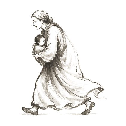 Sumi-e ink brushwork of a mother walking purposefully forward, still holding the small child in her arms, full of hope