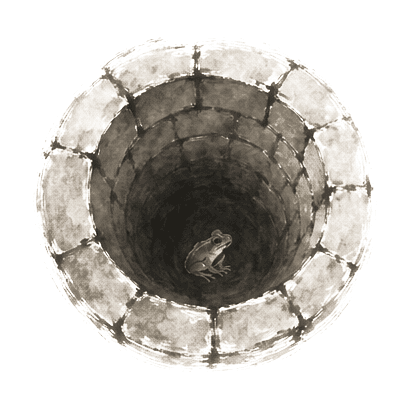 Sumi-e ink brushwork of a single small frog withdrawn at the bottom of a deep stone well, just a curled silent shape in shadow