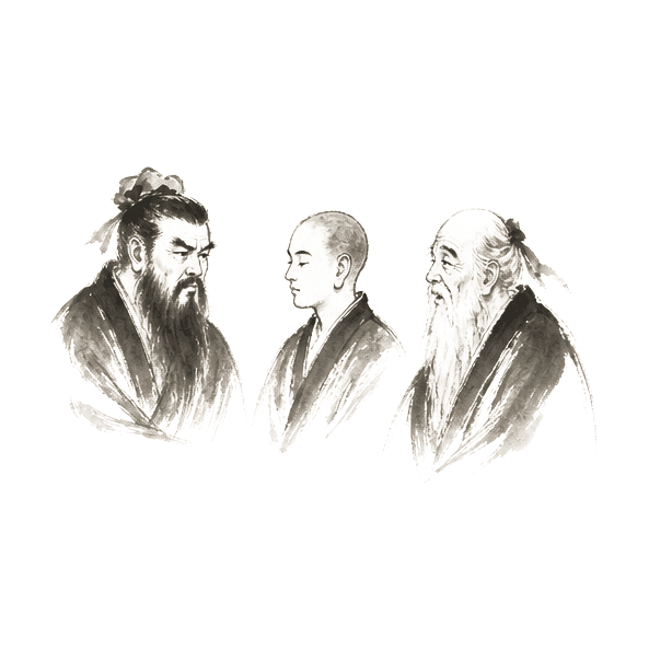 Sumi-e ink brushwork of three robed figures gathered together, facing one another