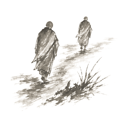 Sumi-e ink brushwork of two monks walking away along a muddy road, one slightly ahead and one behind, pale sky beyond