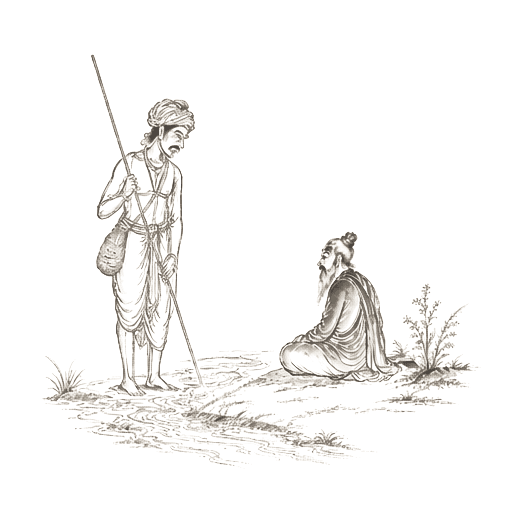 Sumi-e ink brushwork of a standing fisherman with a long pole, looking down at a seated sage by a river, alone in empty space