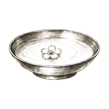 Sumi-e ink brushwork of a single small flower resting gently on the surface of liquid in a shallow bowl, alone in empty space