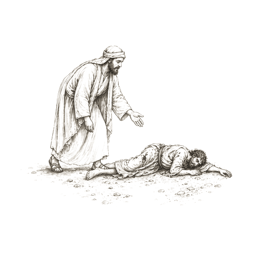 Sumi-e ink brushwork of a robed traveler leaning toward a fallen figure on a road, one hand reaching out, alone in empty space