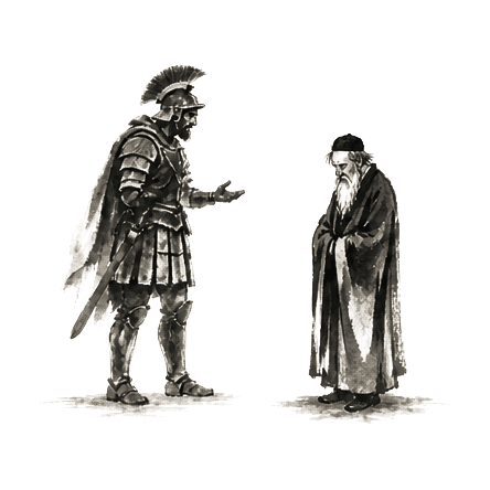 Sumi-e ink brushwork of an armored figure standing beside a small robed rabbi