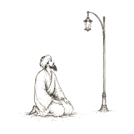 Sumi-e ink brushwork of a robed man beneath a tall streetlamp, looking up in contemplation