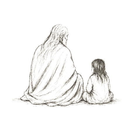 Sumi-e ink brushwork of an old robed figure and a small child seated together from behind, alone in empty space