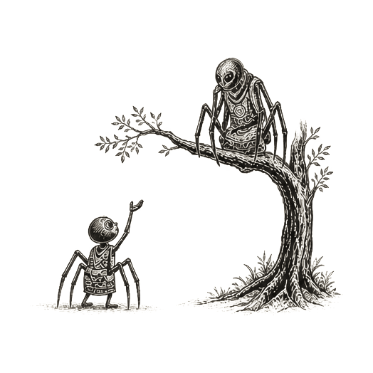 Sumi-e ink brushwork of a small spider-like child with one limb raised in respectful question, looking up at a higher figure on a tree