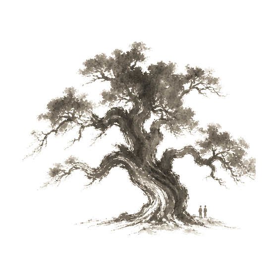 Sumi-e ink brushwork of the great oak with branches stretched outward, ancient and grand