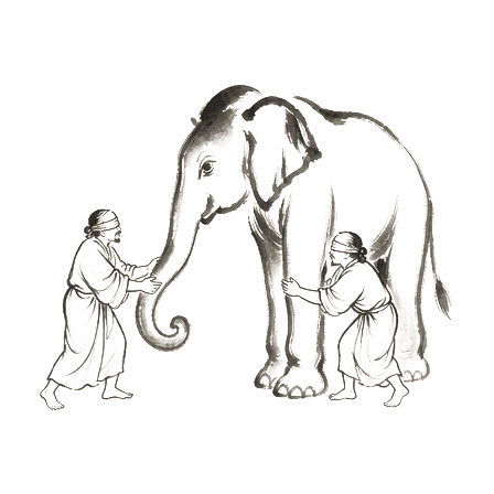 Sumi-e ink brushwork of two blind men in robes — one holding an elephant’s trunk like a serpent, the other with arms encircling a thick leg
