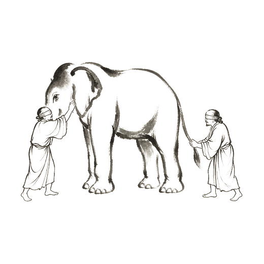 Sumi-e ink brushwork of two blind men in robes — one feeling the elephant’s broad ear, the other holding the thin tail